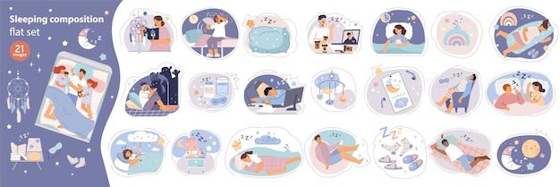 Спальный комплект с плоскими круглыми композициями людей, страдающих нарушениями сна, с векторной иллюстрацией аксессуаров для постельного белья