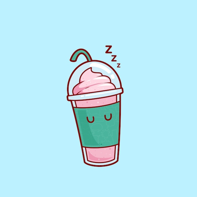 Sleeping strawberry smoothies milkshake juice with ice cream topping illustration vector cartoon character