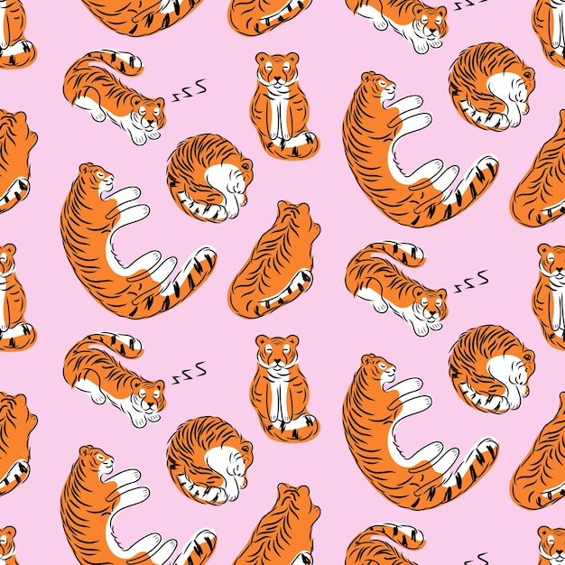 Вектор Спящие тигры бесшовный узор красные кошки лежат в разных позах милые дикие животные смешные каракули отпечаток векторная иллюстрация изолирована на розовом фоне
