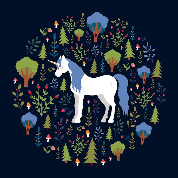 Vector sleeping unicorn in the forest, circular pattern