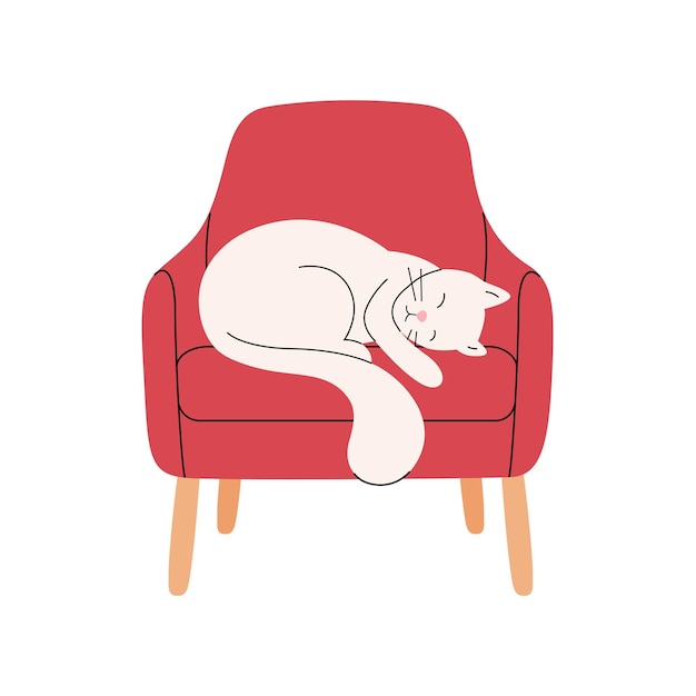 Gatto bianco addormentato su una sedia rossa. accogliente illustrazione vettoriale in uno stile disegnato a mano piatto