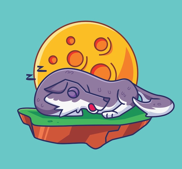 Sleeping wolf with full moon Isolated animal illustration Flat Style Sticker Icon Premium vector