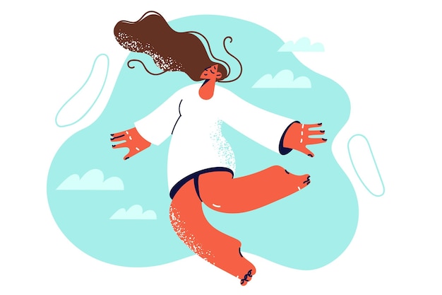 Vector sleeping woman flies in dream when she sees carefree dreams about happy future or beloved family