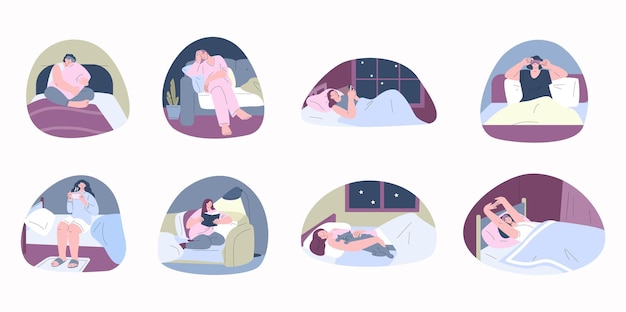 Sleeping women Sweet sleeping and woman awake Asleep youn girl tired businesswoman Relaxed or rest in bed serenity night and insomnia kicky vector scenes sleep in bed at night illustration