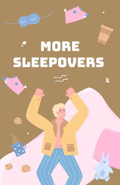 Vector sleepover banner with cheerful man having fun cartoon illustration