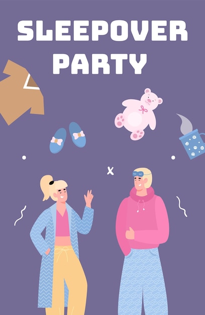 Sleepover card with man and woman at night party vector cartoon illustration