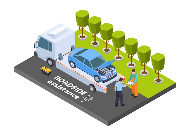 Sleepwagen isometrisch. pechhulp concept. Illustratie evacuatie truck, voertuig transport helpen