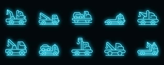 Sleepwagen pictogrammen instellen. Overzicht set sleepwagen vector iconen neon kleur op zwart