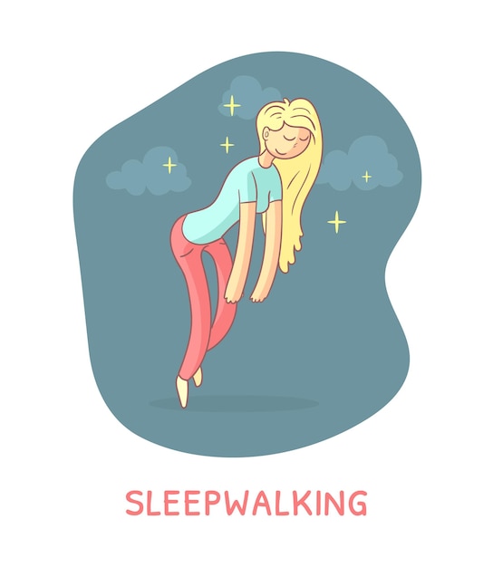 Template di banner sonnambulo ragazza che cammina di notte in un'illustrazione vettoriale di sogno