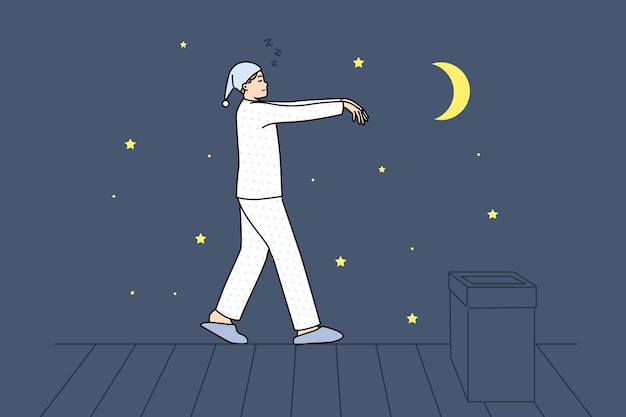 Vector sleepwalking man walks on roof of house at night walking in unconscious state due to somnambulism