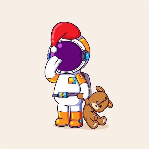 Vector the sleepy astronaut is wearing the santa hat and holding the favorite teddy bear