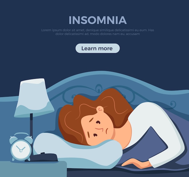 Sleepy awake woman in bed suffers from insomnia