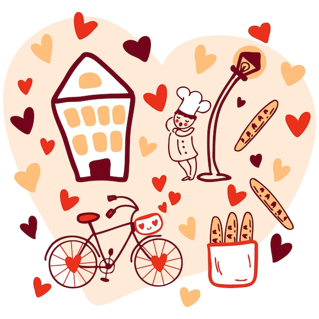 A sleepy cook and a bicycle in love heartshaped pattern for Valentine Day Perfect print for Tshirts stickers posters cardsHand drawn vector illustration for decor and design