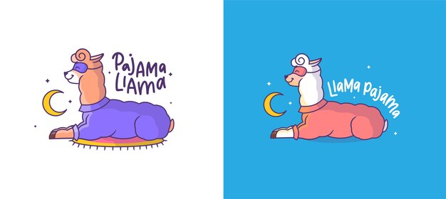 Sleepy llamas alpacas in pajamas. cartoon character is near the moon at night.