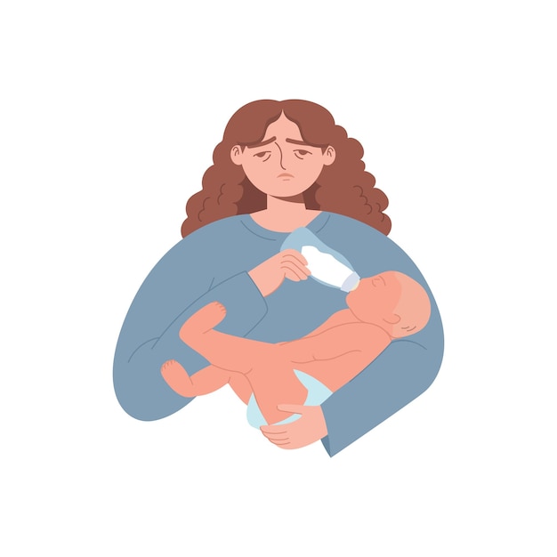 眠そうな母親が哺乳瓶から赤ちゃんを養う疲れた親が赤ちゃんの世話をする産後うつ病親の概念孤立した白い背景の上のベクトルフラットイラスト