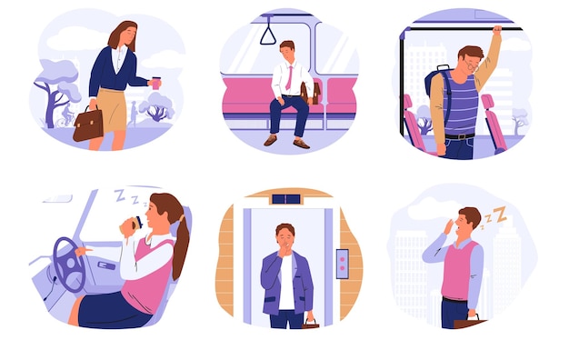 Vector sleepy people drowsy characters in transport and public places office workers with drowsiness and dozing driver cartoon scenes with yawning men or women wanting sleep vector set