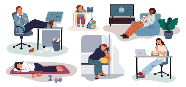 Sleepy people tired and asleep characters unexpected places overworked employees persons with narcoleptic seizure fatigue and drowsiness kid sleeps at school desk garish vector set