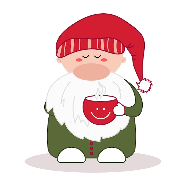 Babbo natale assonnato. piccolo gnomo con cappello rosso con tazza