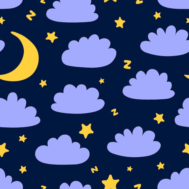 Sleepy seamless pattern with clouds moon and stars Pajama cloth print cloud silhouette and yellow crescent on night sky Sweet dreams vector background