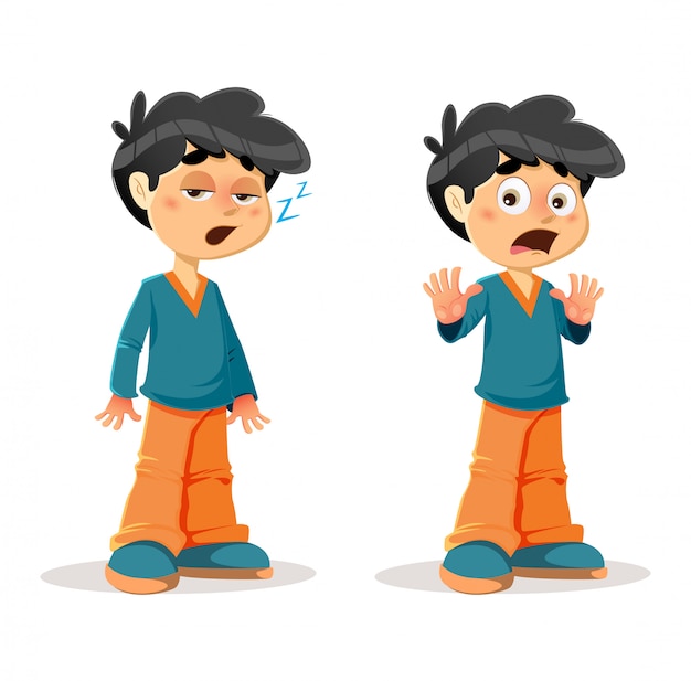 Vector sleepy shocked young boy expressions