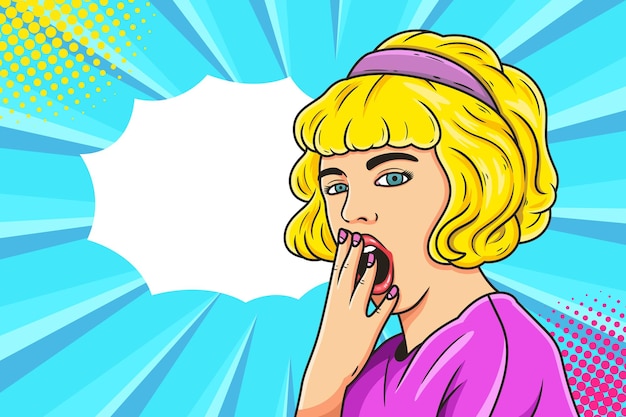 Vector sleepy young woman pop art. advertising poster or announcement poster with open mouth and funny face in comic style