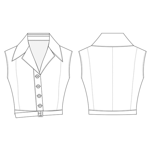 Vettore modello di camicia tagliata senza maniche con cintura a bottoni disegno tecnico schizzo piatto modello cad moda w