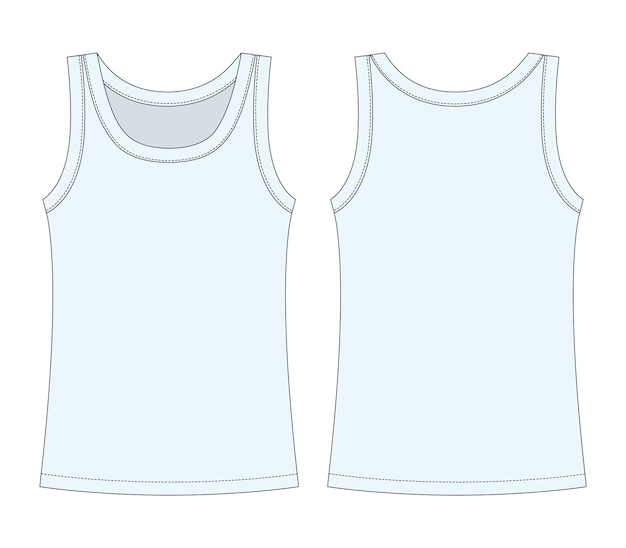 Vector sleeveless tank top technical sketch light blue children girl outline t shirt underwear