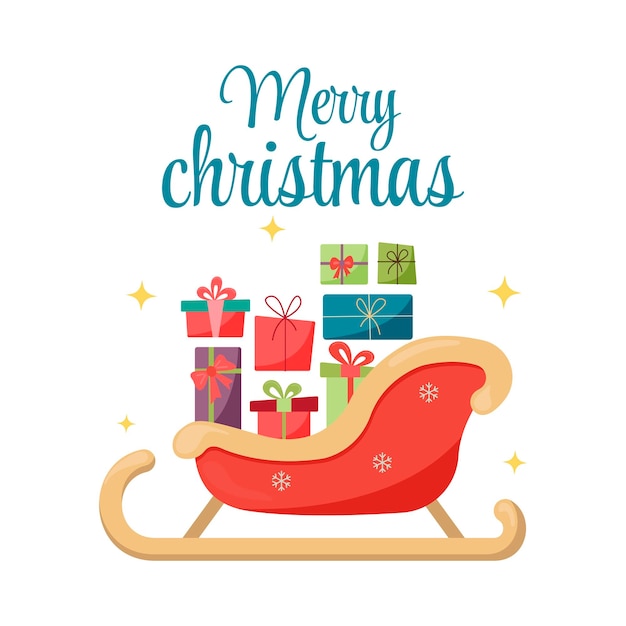 Sleigh of Santa Claus with Christmas gifts. Flat illustration. Merry Christmas lettering
