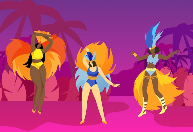 Vector slender black women in carnival with feathers