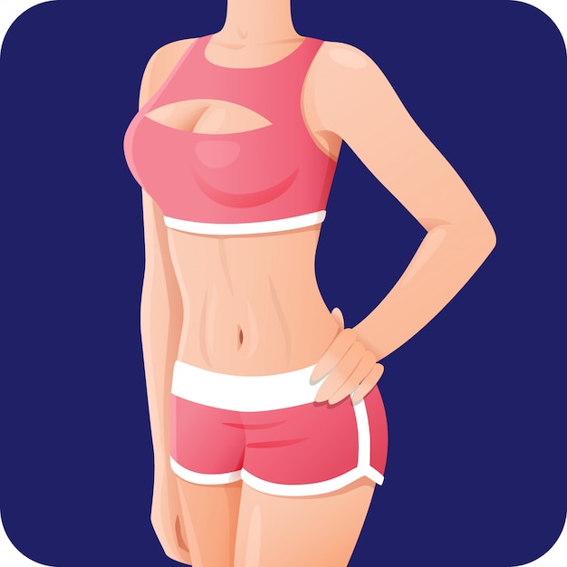 Vector slender sporty woman, fitness girl in pink sportswear, shorts icon for mobile apps, slim body, vector illustration