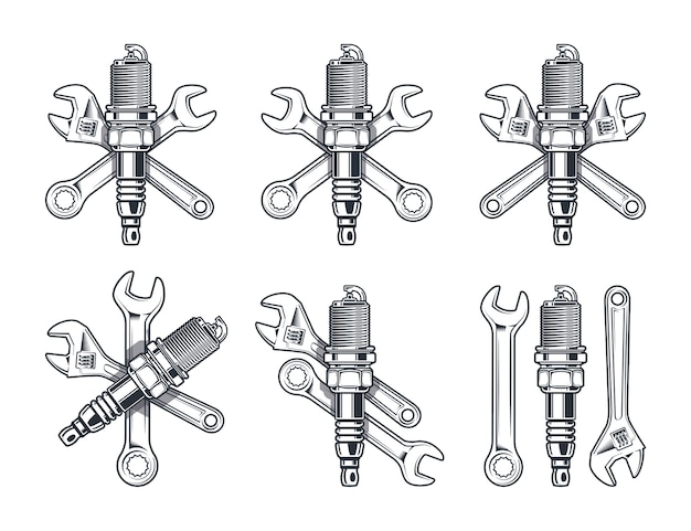 Vector sleutel, verstelbare sleutel en bougie. reparatie tools geïsoleerd op een witte achtergrond.