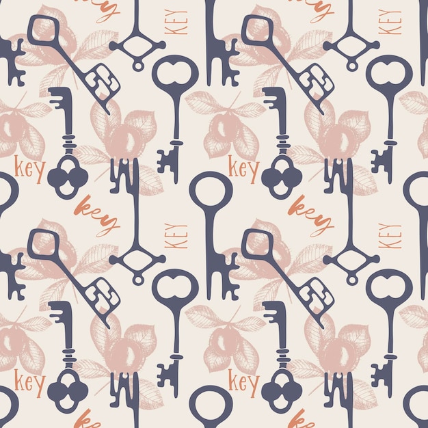 Sleutels en kastanje naadloze patroon oude vintage hand getrokken doodle