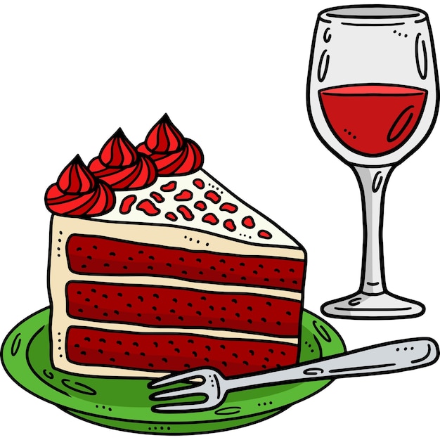 Slice Cake met een glas wijn Cartoon Clipart