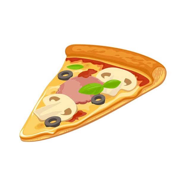 Slice of capricciosa pizza. Isolated vector flat illustration for poster, menus, logotype, brochure, web and icon. White background.