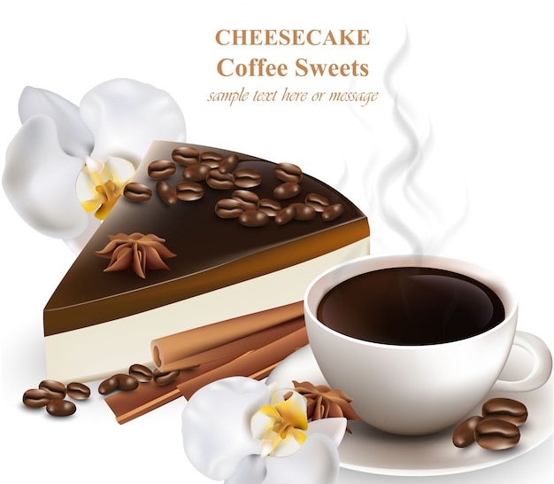 Vector slice of cheesecake and cup of choffee coffee