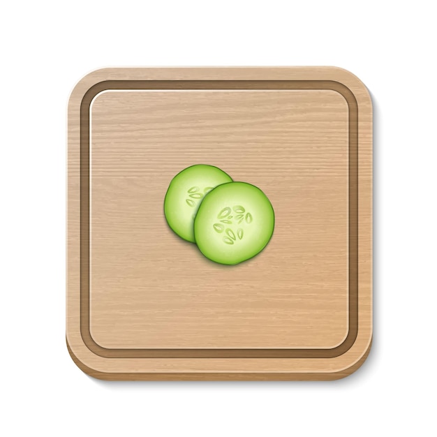 Vector slice juicy cucumbers icon on a square cutting board design template for graphics closeup isolated