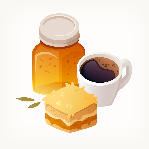 Vector slice of layered apple cake a jar of jam and cup of black coffee