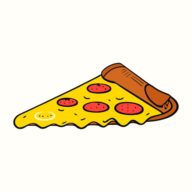 Slice of pizza with melted cheese in hand drawn style flat pizza illustration