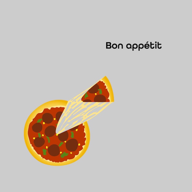 Vector slice of pizza with sticky cheese. bon appetit.