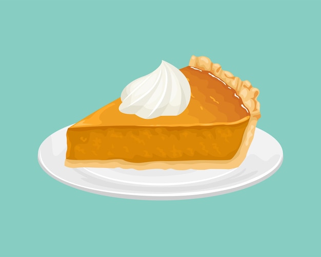 Slice of pumpkin pie with whipped cream on white plate.