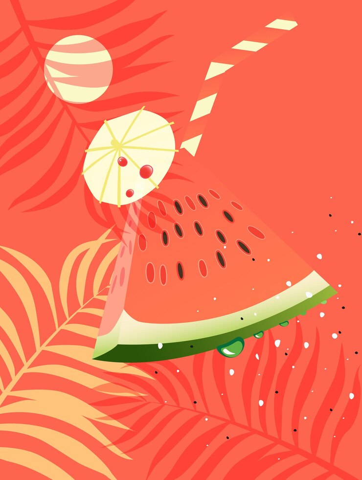 A slice of ripe and juicy watermelon with a straw and an umbrella for cocktails on a red background