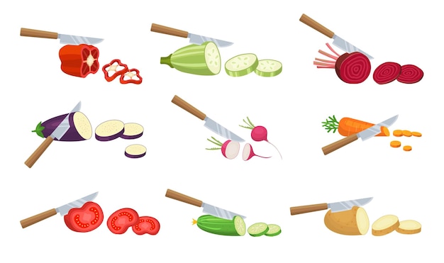 Slice vegetables preparing healthy natural products vegan food knife cutting processes carrot onion cucumber red green pepper salad recent vector cartoon pictures collection