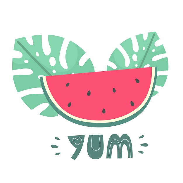 Fetta di anguria con foglie tropicali e la parola yum in un vettore disegnato a mano in stile scarabocchio piatto