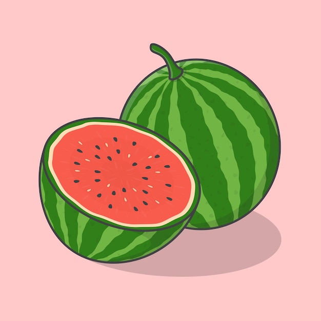 Slice And Whole Of Watermelon Cartoon Vector Illustration Fresh Watermelon Fruit Flat Icon Outline