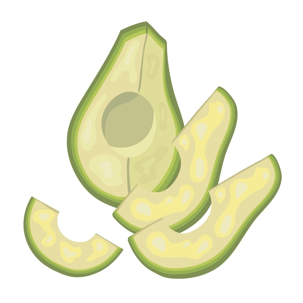 Vettore frutti vettoriali piatti a fette di avocado disegnati a mano isolati su bianco cibo vegano sano ecologico