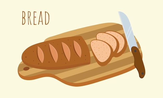 Вектор Нарезанный хлеб на деревянной разделочной доске с изолированным ножом