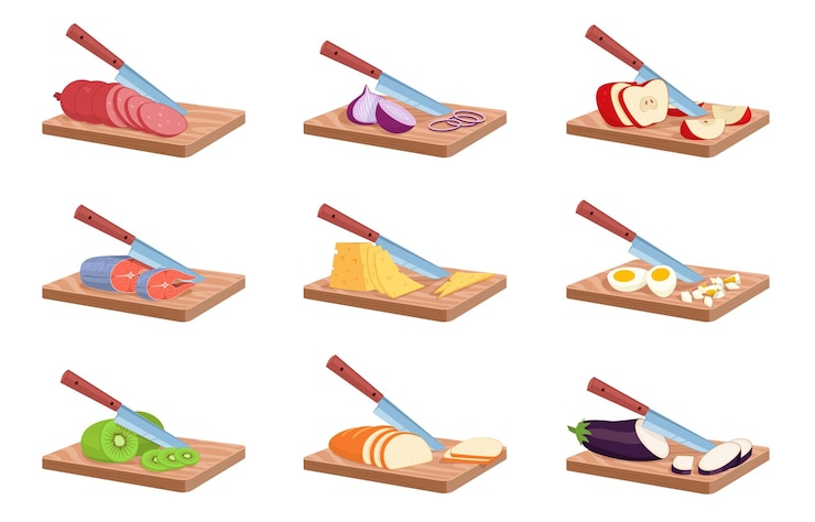 Vector sliced cut food products cutting pieces and slices chopped on board cheese fish eggs and sausage breakfast or dinner dish cooking process raw healthy ingredients angle view vector isolated set