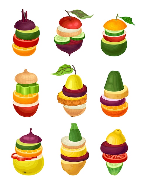 Sliced Fruits and Vegetables Arranged in Pile Vector Set