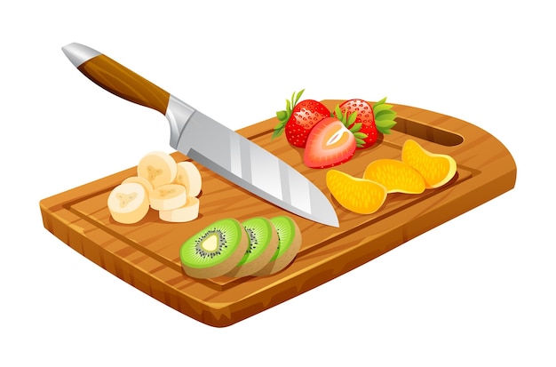 Vector sliced fruits on wooden cutting board salad fruit ingredients vector illustration isolated on white