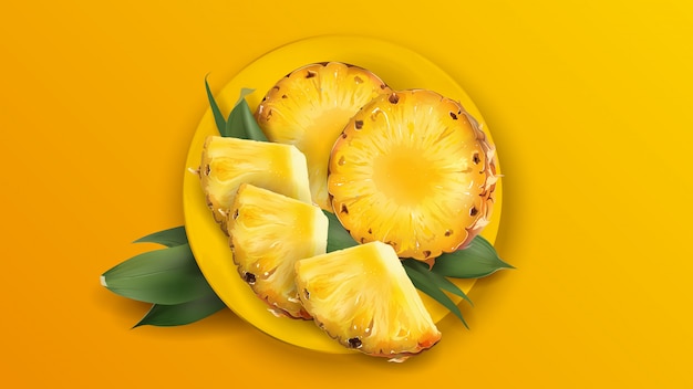 Sliced juicy pineapple on a yellow plate.